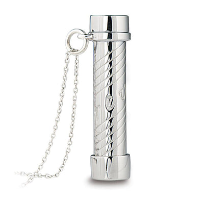 Sterling silver Color Kaleidoscope Pendant for female featuring a sleek cylindrical design with spiral engravings and attached delicate chain necklace.