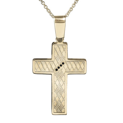 Rafferty Steel Pendant featuring a two-tone stainless steel cross with intricate engraving and black stone accents, designed for men’s jewelry collections.