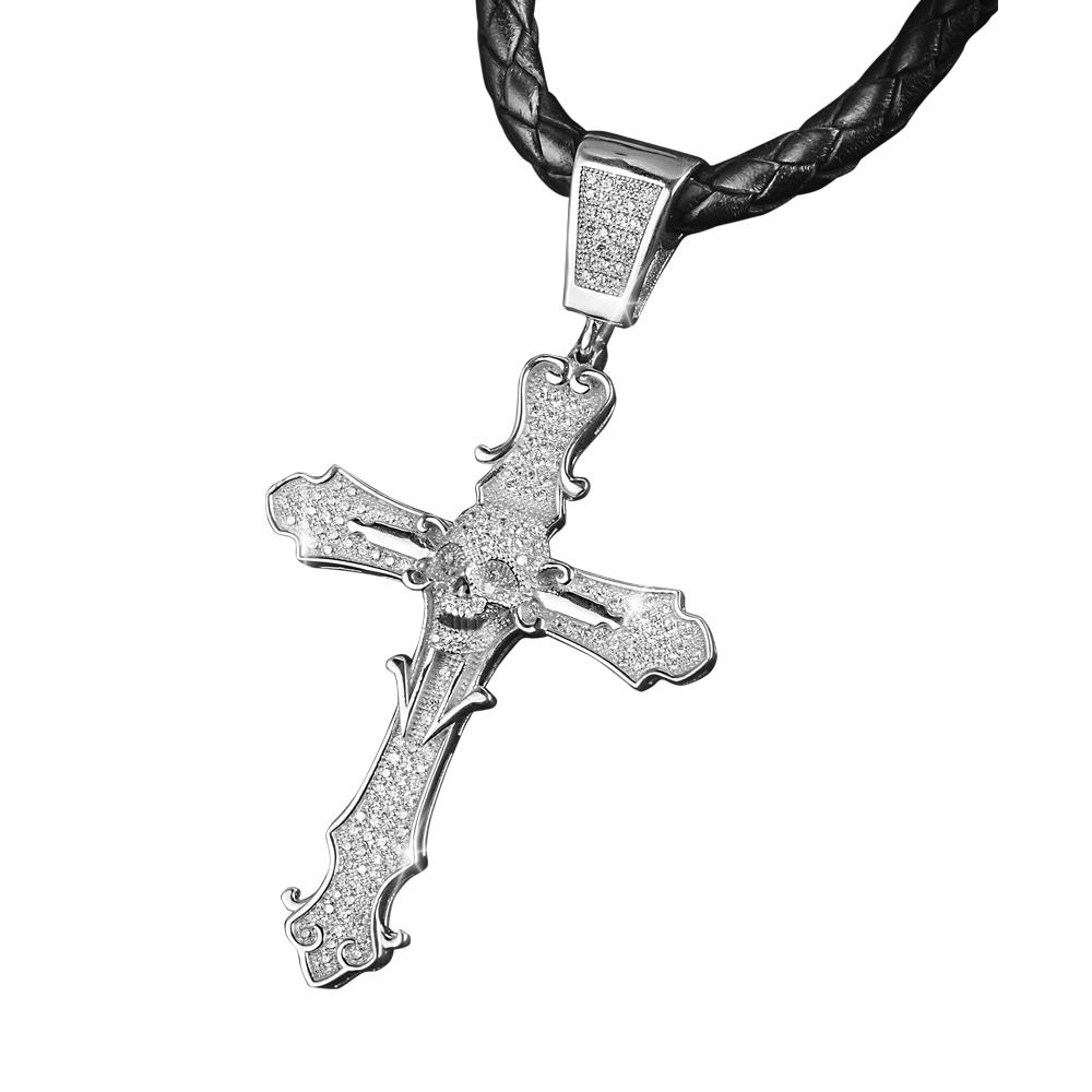 Skull Cross Rhodium Pendant in sterling silver with rhodium plating, featuring intricate skull and cross detailing on a black braided leather necklace, designed for men.