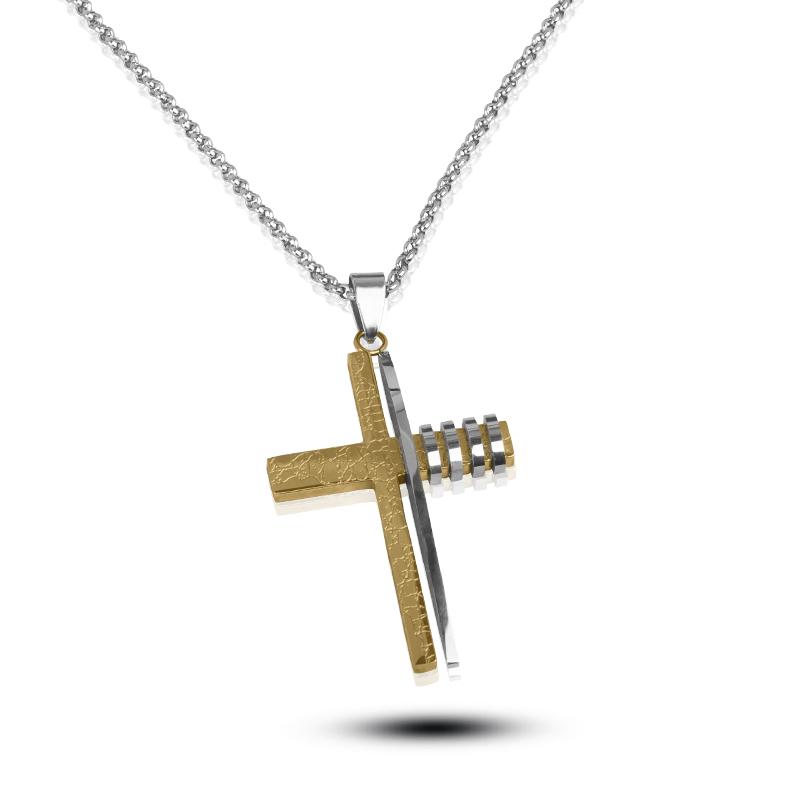 Quattro Cross Pendant featuring a two-tone stainless steel design with a textured gold front cross and polished silver back, suspended on a matching chain for unisex wear.