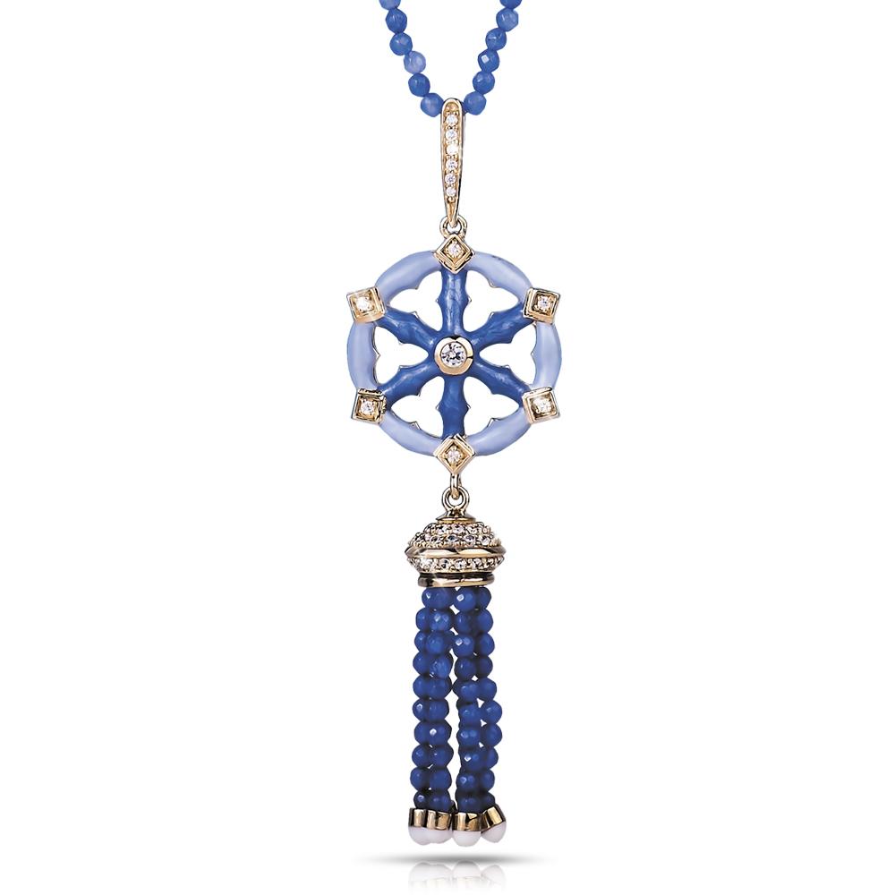 Marina Pendant featuring a sterling silver gold-plated intricate circular design with blue enamel and crystal accents, complemented by blue beaded tassels, elegant jewelry for women.
