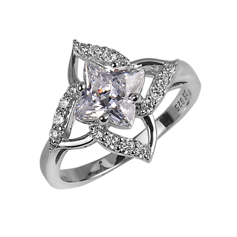 Starfire Ring in sterling silver with rhodium plating, featuring a large princess-cut central gemstone surrounded by pavé-set smaller stones, designed for females.