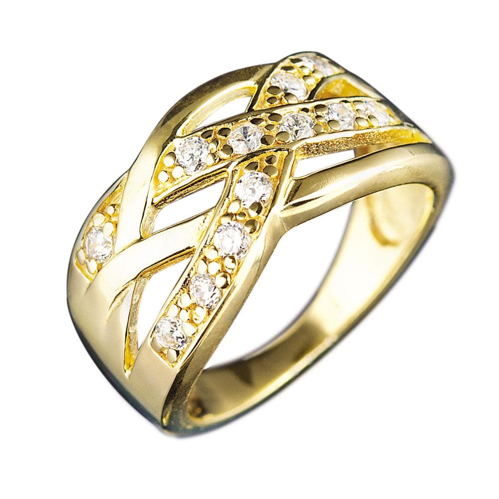 Gold Allure Ring featuring an elegant sterling silver base plated in gold, designed for women, with intricate crisscross patterns embellished with sparkling stones for a refined jewelry look.