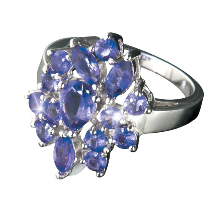 Amethyst Cluster Ring featuring multiple purple amethyst stones set in sterling silver with rhodium plating, designed for a sophisticated female jewelry collection.