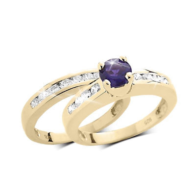 Josephine Amethyst Duo Bridal Ring set in sterling silver with gold plating, featuring a central amethyst stone and accented with clear gemstones, designed for women.