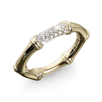 Bamboo Yellow Gold Ring crafted in sterling silver with gold plating, featuring a bamboo-inspired design accented with sparkling crystals, designed for women’s jewelry.