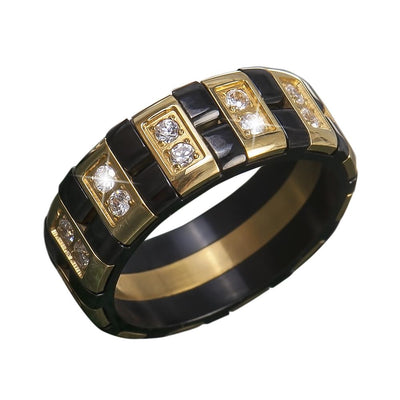 Trident Men's Ring featuring a bold design in stainless steel with gold plating and embedded sparkling stones, crafted for a striking masculine jewelry statement.