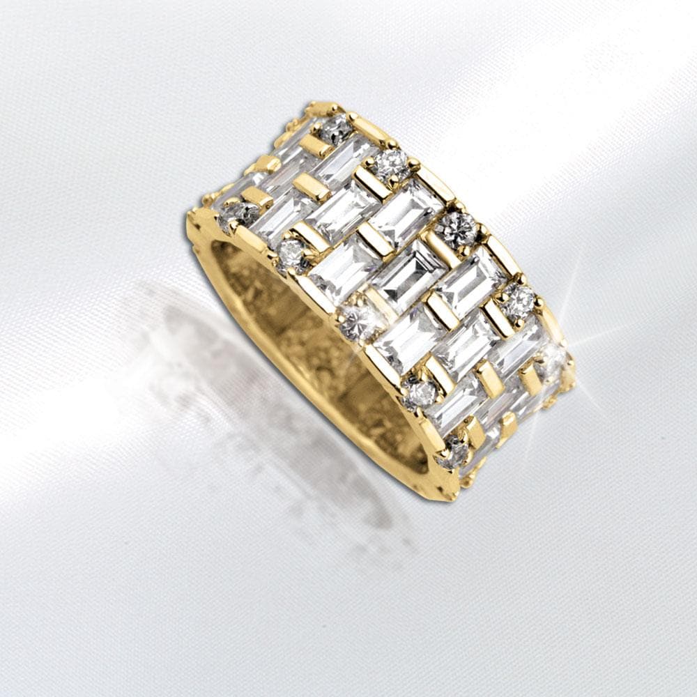 Baguette Eternity Gold Ring featuring sterling silver material with gold plating, adorned with rectangular baguette and round clear stones for an elegant female jewelry piece.