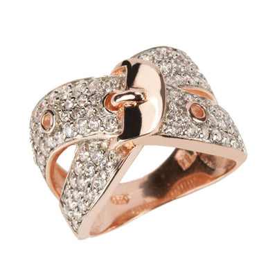 Buckle Couture Rose Gold Ring featuring a sterling silver base with rose gold plating, designed for women, adorned with sparkling crystals in a buckle-inspired style.