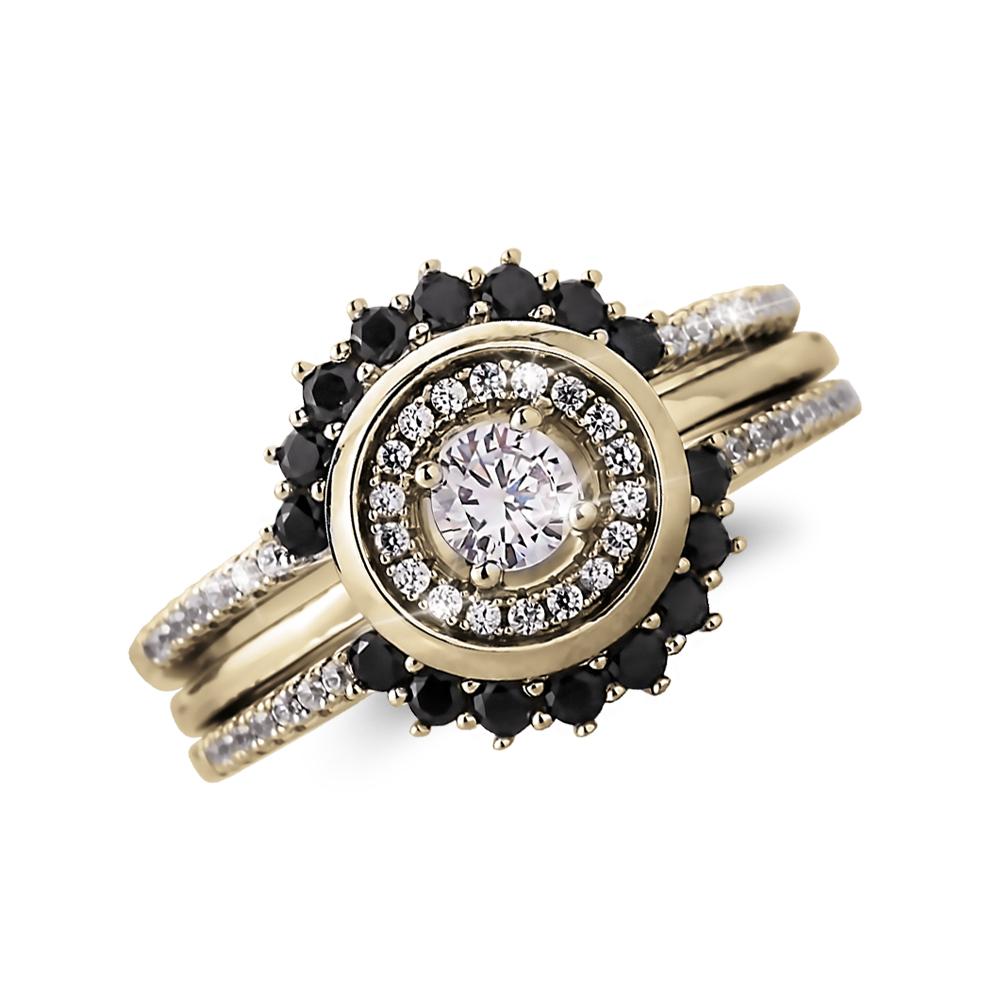 Trio Halo Ring in gold-plated sterling silver features a round center stone surrounded by two halos of black and clear gemstones on a delicate band designed for women’s jewelry.