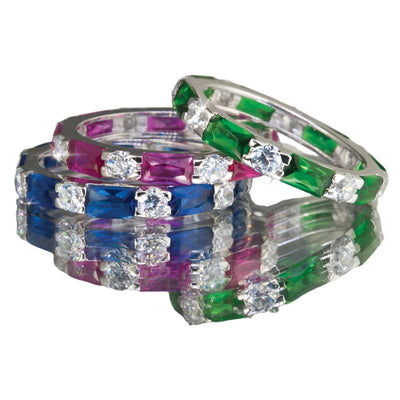 Sterling silver Palm Beach Stacker Rings Green with rhodium plating featuring vibrant green and clear gemstones in a stacked design for female jewelry enthusiasts.