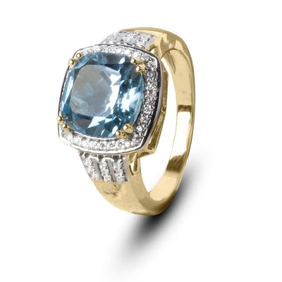 Grace Blue Topaz Ring featuring a sterling silver band with gold plating, showcasing a large blue topaz center stone surrounded by small sparkling diamonds for women.