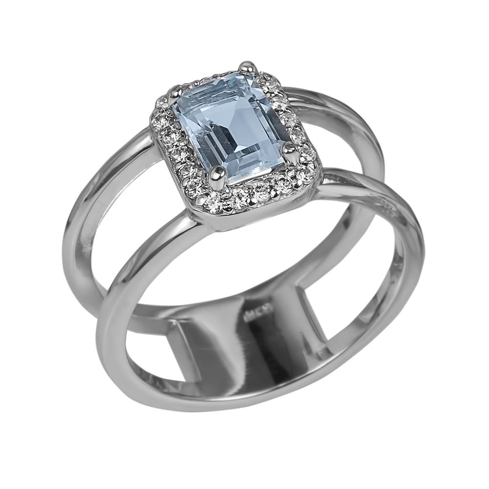 Destiny Topaz Ring featuring a rhodium-plated sterling silver band with a square-cut light blue topaz center stone surrounded by sparkling clear accents, designed for women.
