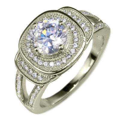 Isobella Rose Gold Ring crafted from sterling silver with rose gold plating, featuring a sparkling central gemstone surrounded by multiple smaller stones in an elegant design.