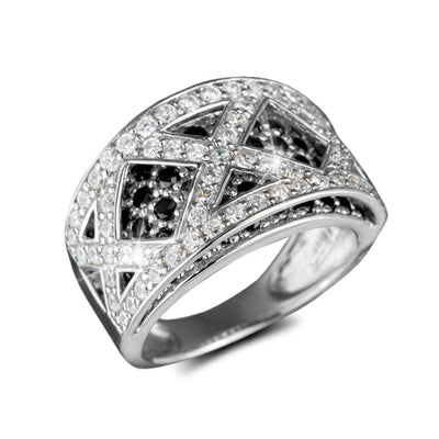Crisscross Ring for female featuring an elegant silver band with an intricate lattice design adorned with sparkling clear and black stones, perfect fine jewelry choice.