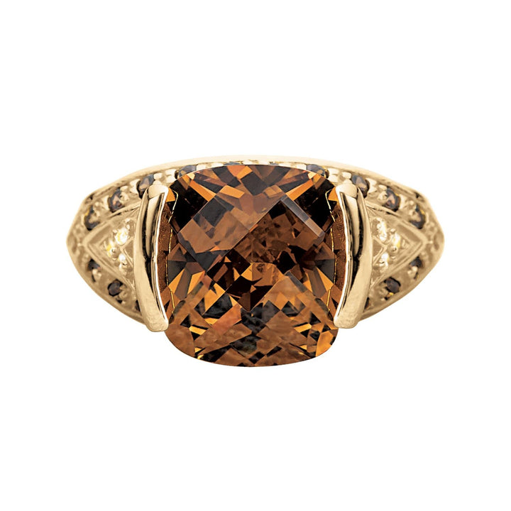 Sienna Coffee Ring featuring a large cushion-cut brown gemstone set in sterling silver with gold plating, designed for women’s jewelry collections.