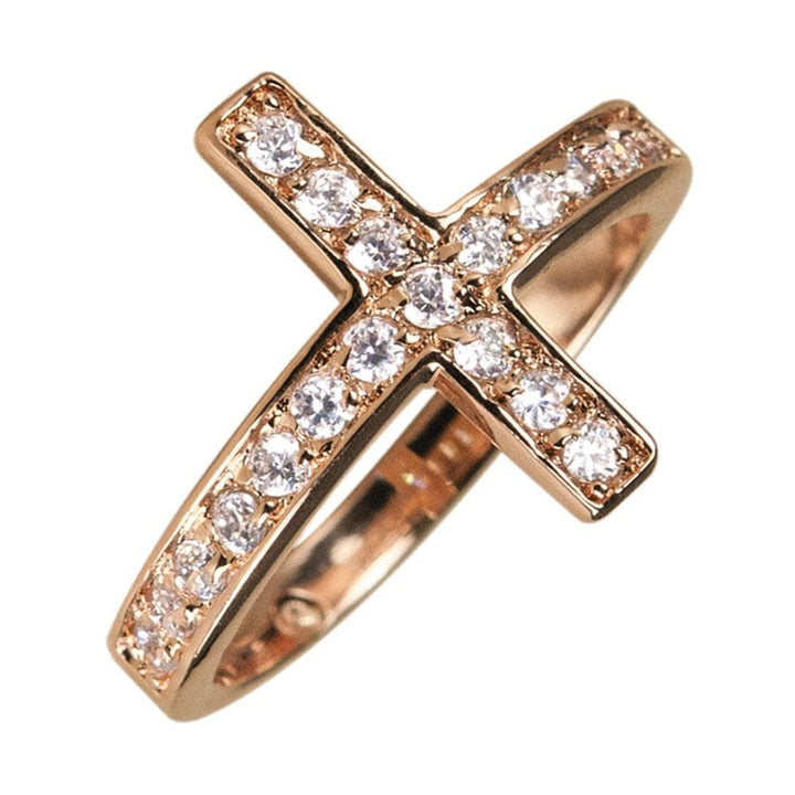 Reclining Cross Gold Ring crafted from sterling silver with gold plating, featuring a female design adorned with sparkling clear gemstones for elegant jewelry style.