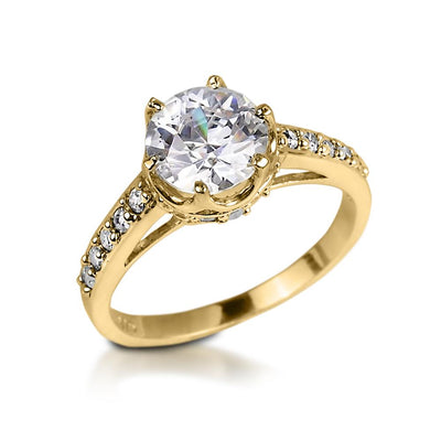 Gold Crown Ring for female featuring a sterling silver band with gold plating and a large clear round gemstone centerpiece surrounded by smaller sparkling stones.