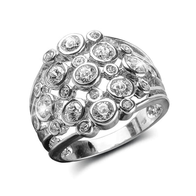 Champagne Fizz Rhodium Ring in sterling silver for female, featuring multiple sparkling clear stones set in a contemporary, intricate design.