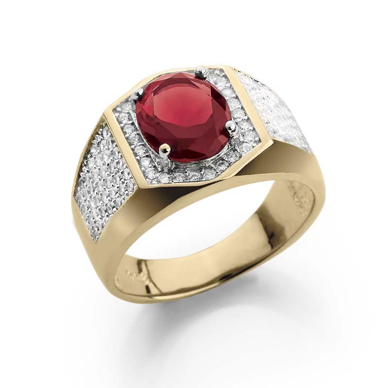 Rialto Red Men's Ring featuring a bold red gemstone set in sterling silver with gold plating and accented by sparkling clear stones, designed for men’s jewelry.