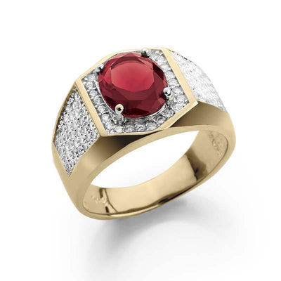 Rialto Red Men's Ring featuring a bold red gemstone set in sterling silver with gold plating and accented by sparkling clear stones, designed for men’s jewelry.