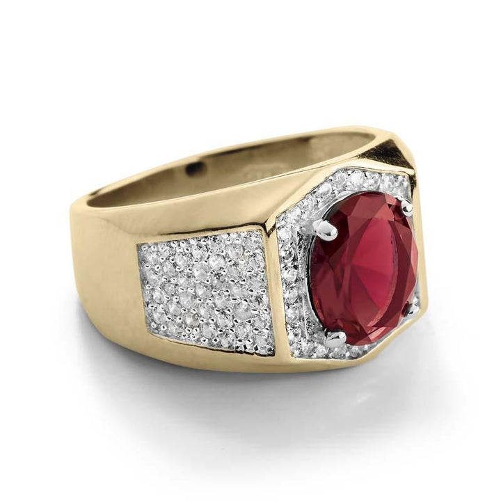 Rialto Red Men's Ring featuring a large red gemstone set in sterling silver with gold plating and surrounded by sparkling white stones, a bold jewelry piece for men.