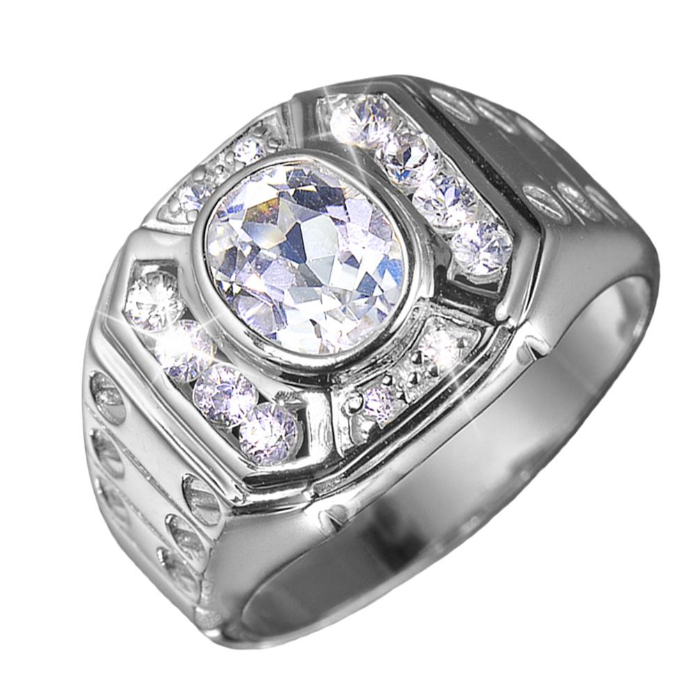 Treviso Rhodium Men's Ring crafted in sterling silver with rhodium plating, featuring a large central clear gemstone surrounded by smaller accent stones for a bold look.