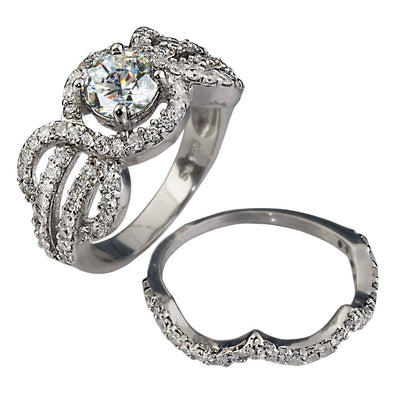 Maryland Duo sterling silver rhodium-plated female ring set featuring a large center stone with intricate pave accents and a matching contoured band.
