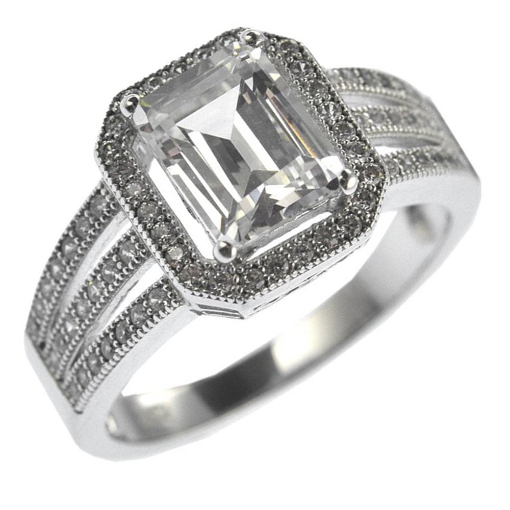 Artica Ring featuring a radiant rectangular clear gemstone set in sterling silver with rhodium plating, designed for female jewelry enthusiasts seeking elegance.