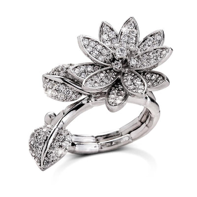 Flora Duo Ring featuring a sterling silver design with rhodium plating, shaped like a sparkling flower with detailed petals and leaves, elegant jewelry for women.