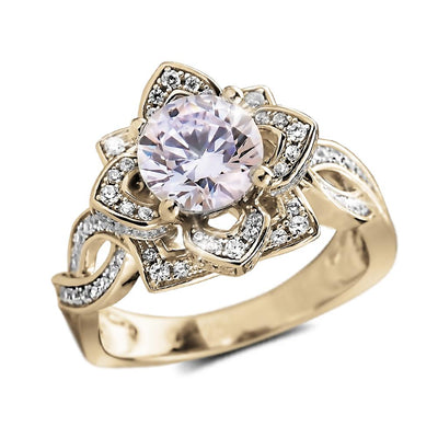 Garden Rose Gold Ring crafted from sterling silver with gold plating, featuring a central round gemstone surrounded by sparkling accent stones in a floral design, perfect jewelry for women.