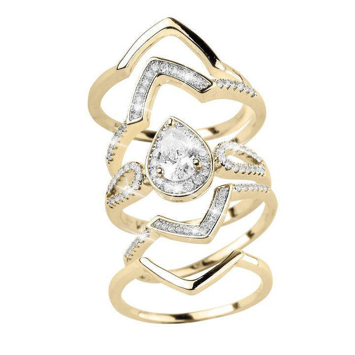 Laurel Quintet Ring featuring a gold-plated sterling silver design with geometric shapes and a pear-shaped clear gemstone centerpiece, a sophisticated jewelry piece for female wearers.