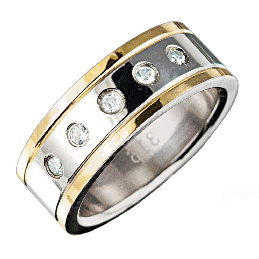 Manhattan Men's Ring featuring a two-tone stainless steel design with gold plating accents and embedded clear gemstones, showcasing a modern and bold style.