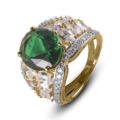 Fairfield Ring featuring sterling silver with gold plating, designed for women, showcasing a large green gemstone centerpiece surrounded by sparkling clear stones.