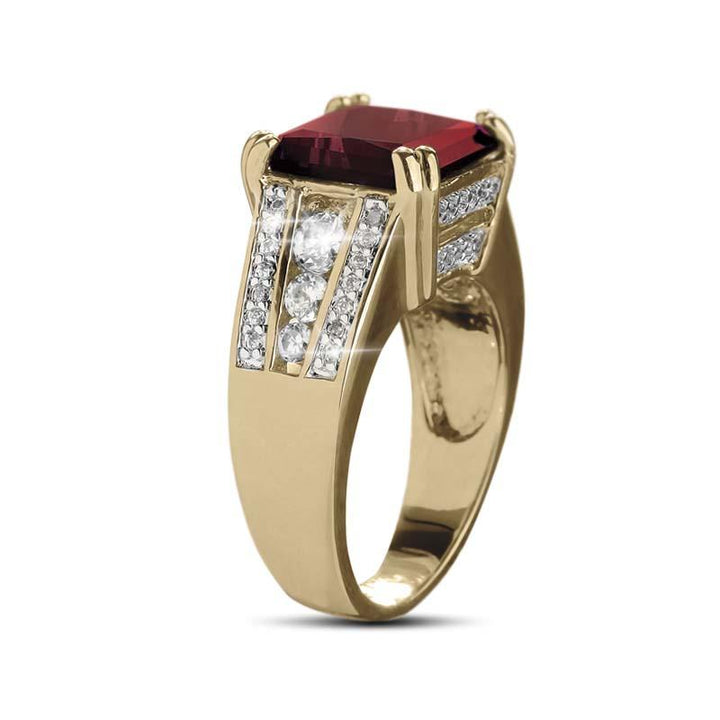 Astra Garnet Ring featuring a deep red garnet center stone set on a gold band adorned with sparkling white diamond accents, designed for women.