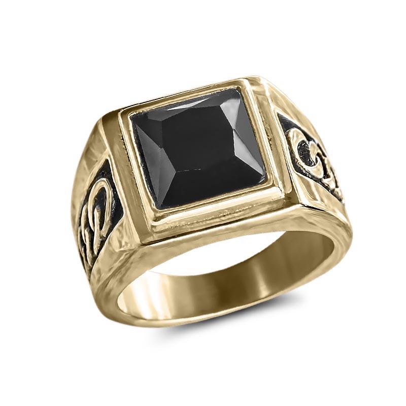 Collins Noir Ring featuring a bold black square stone set in a gold-plated stainless steel band with intricate male design details, a sophisticated jewelry piece.