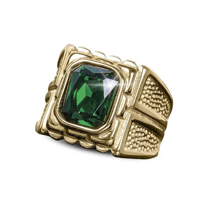 Metropole Men's Ring crafted from gold-plated stainless steel featuring a bold design with a large square green gemstone centerpiece, perfect for men's jewelry collections.