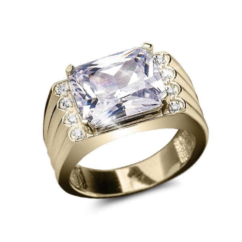Castello Men's Ring featuring a large rectangular clear gemstone set in a sterling silver band with gold plating accented by smaller round stones, a stylish men's jewelry ring.