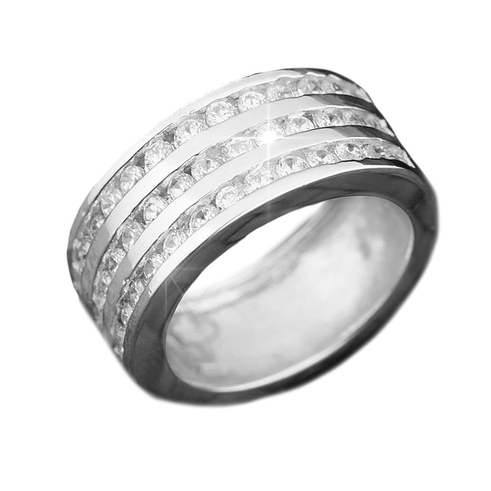 Galaxy Ring Rhodium featuring a sterling silver band with rhodium plating, designed unisex with three rows of sparkling diamonds for a captivating jewelry statement.