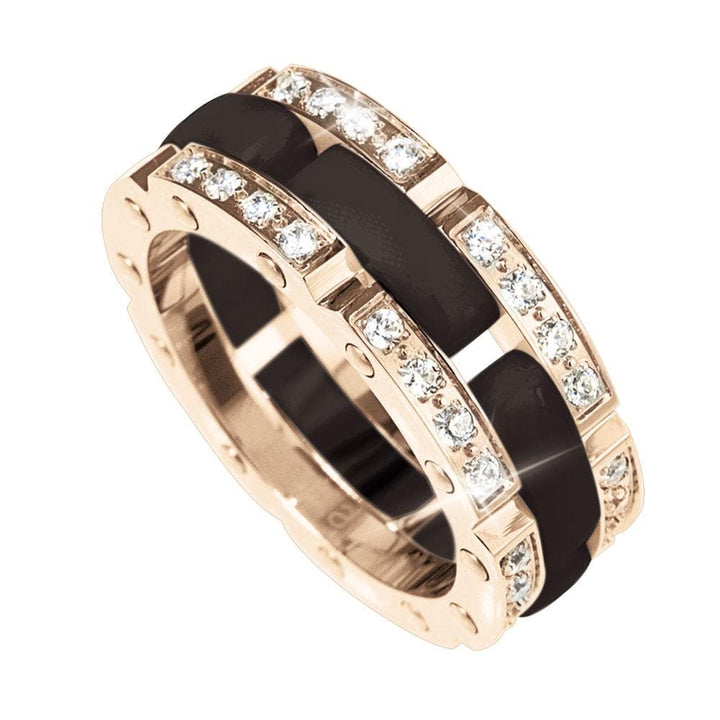 Java Ceramic Perfection Ring (Black) featuring stainless steel construction with rose gold plating and black ceramic inlays, accented with sparkling clear crystals, designed for women.