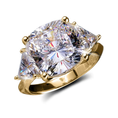 Infinity Ring featuring a sterling silver base with gold plating and a large, sparkling cushion-cut center gemstone flanked by two triangular gemstones, designed for women’s jewelry.