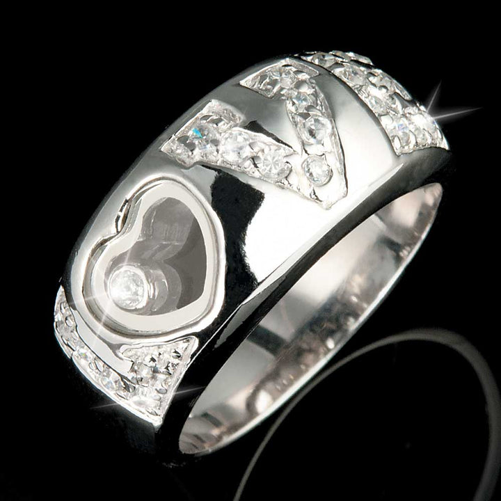 Sterling Silver Love Ring for female with rhodium plating, featuring a heart-shaped design and sparkling stones, elegant jewelry perfect for special occasions.