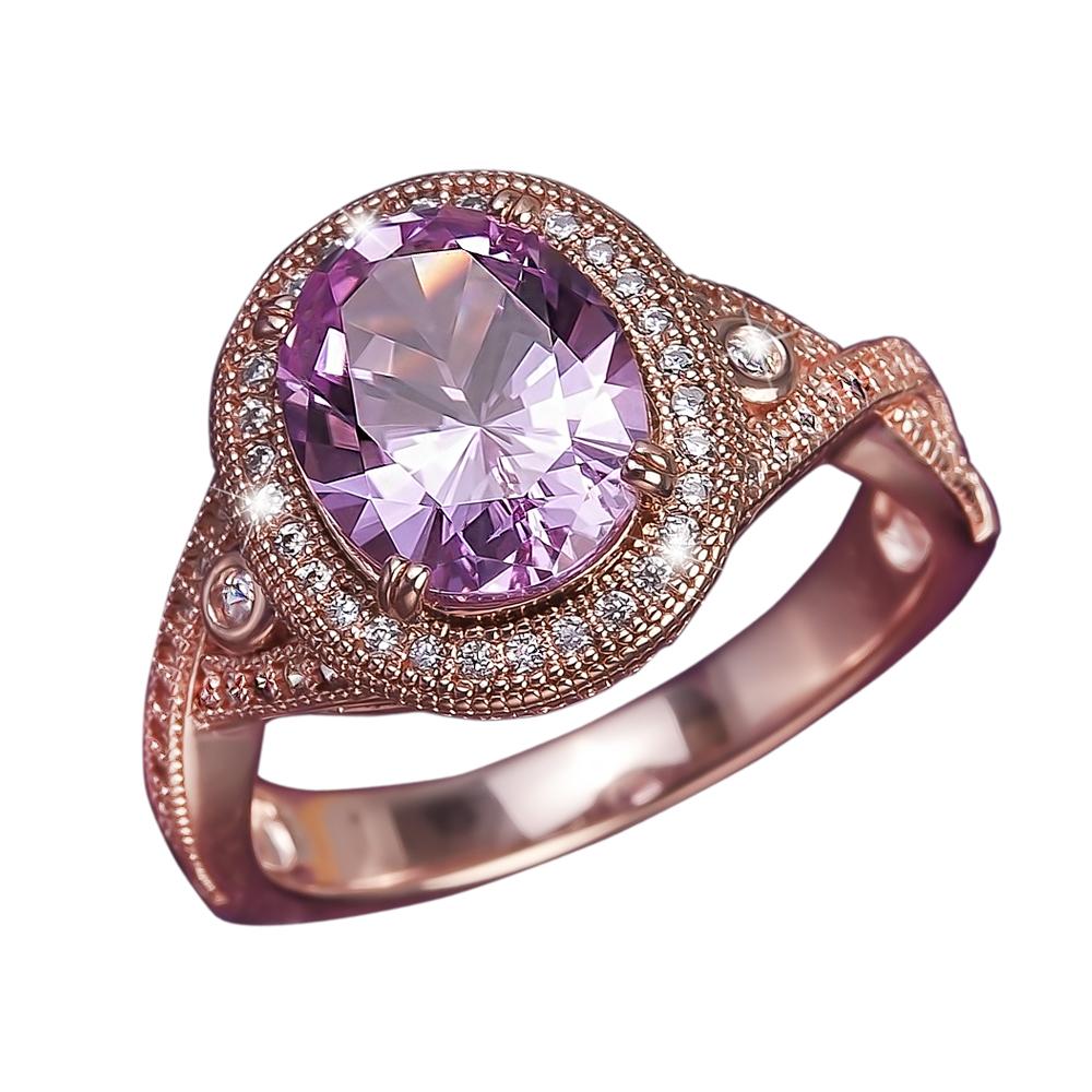 Roseanna Ring features a sterling silver band plated in rose gold, adorned with a large oval lavender gemstone surrounded by small sparkling crystals, designed for women.