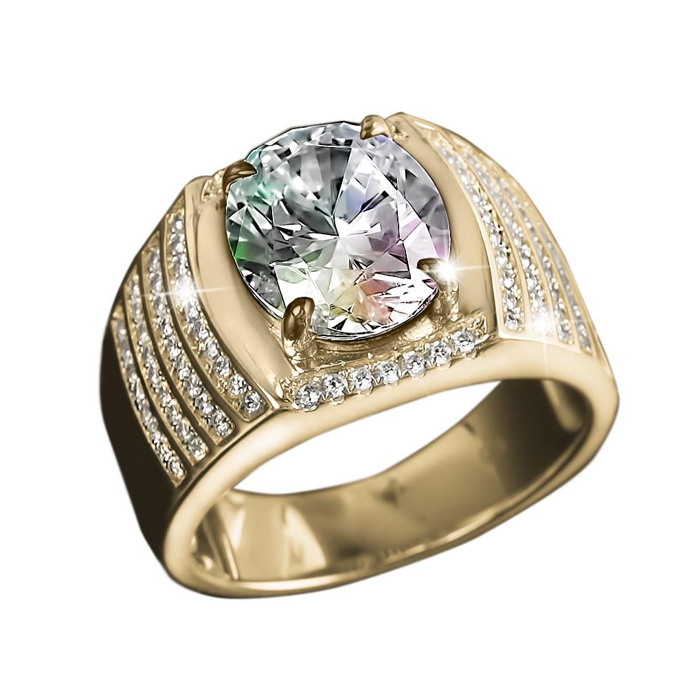 King Men's Ring in gold-plated sterling silver featuring a large central clear gemstone with rows of smaller sparkling stones along the band, designed for men’s jewelry.