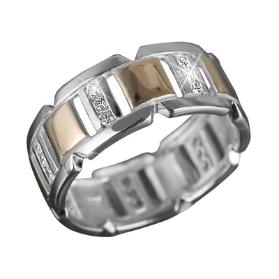 Couture Sports Ring in sterling silver with two-tone plating, featuring a bold, modern design for men, showcasing polished metallic links and textured accents.