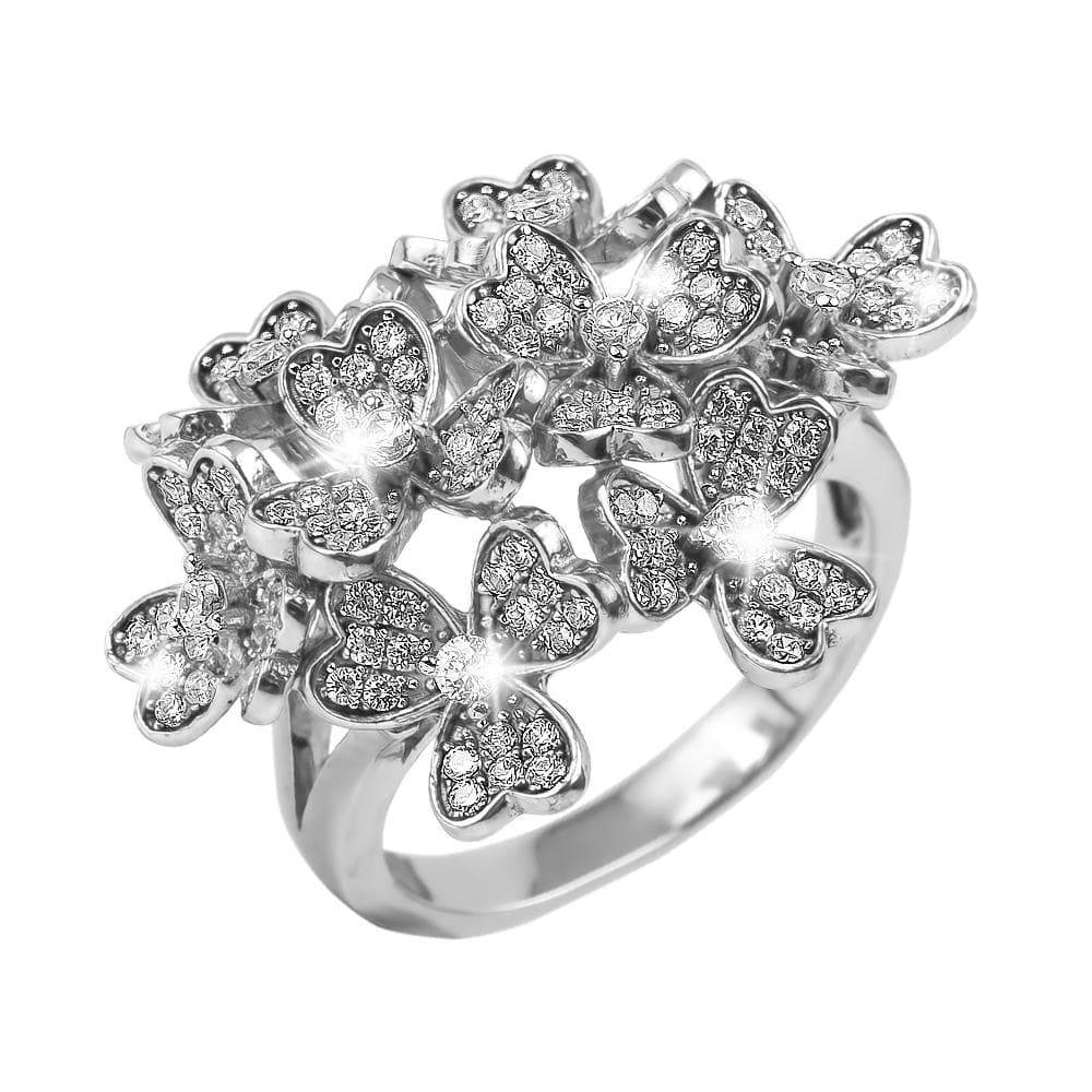 Bouquet Rhodium Ring crafted in sterling silver featuring a cluster of sparkling butterfly shapes adorned with clear stones, designed for female jewelry enthusiasts.