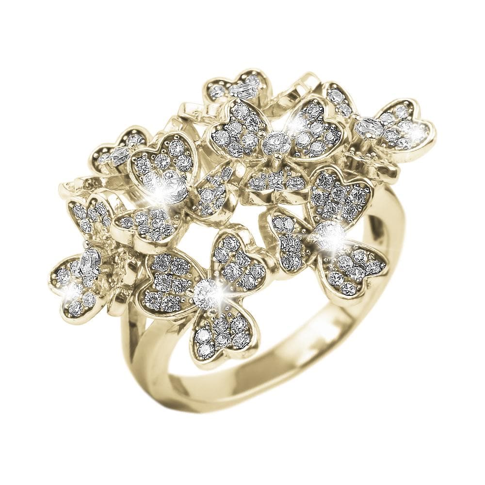 Bouquet Gold Ring featuring sterling silver base with gold plating and sparkling butterfly motifs embellished with clear stones, designed for female jewelry enthusiasts.