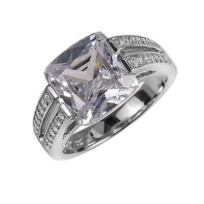Minima Ring featuring a large square-cut clear gemstone set in sterling silver with rhodium plating, accented by rows of smaller sparkling stones, designed for women.