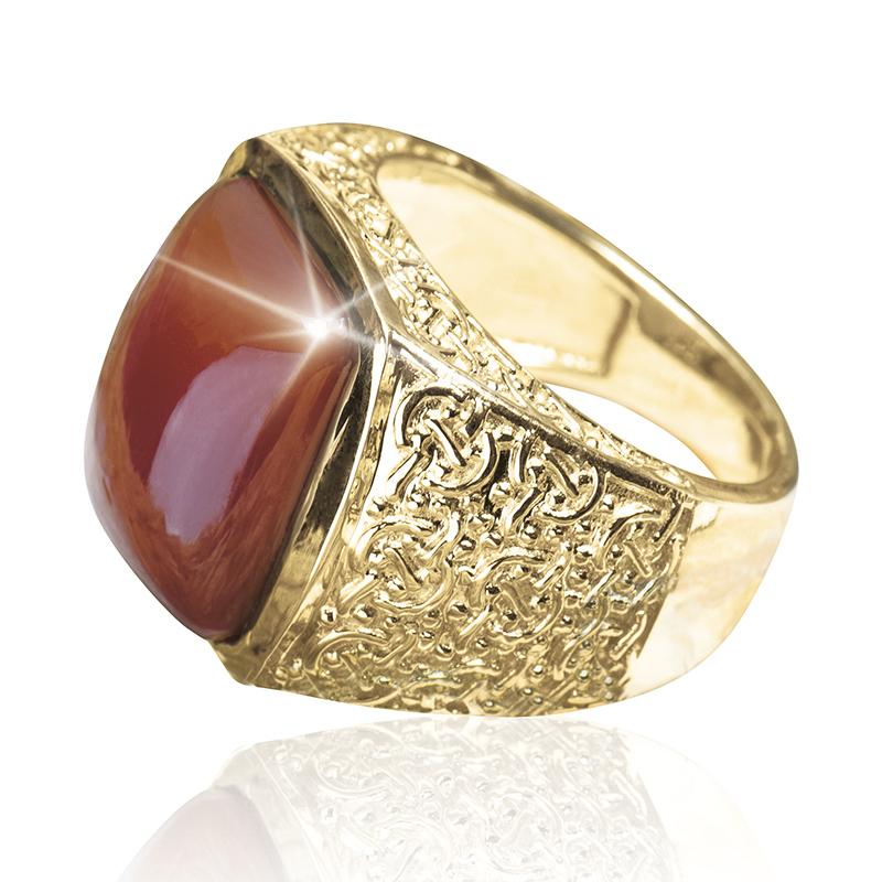 Harley Red Agate Ring featuring a polished red agate stone set in an intricately detailed sterling silver band plated with gold, crafted for men’s jewelry.