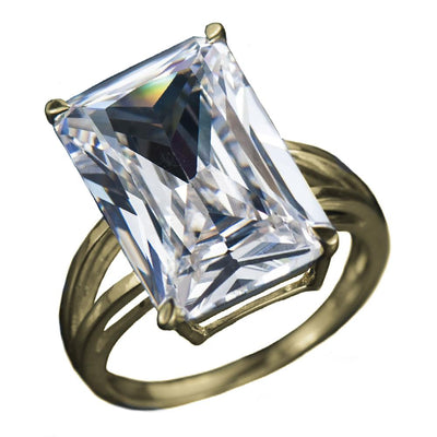 Trillionaire Gold Ring featuring a large rectangular clear gemstone set on a gold plated sterling silver band designed for women, showcasing elegant and luxurious jewelry style.